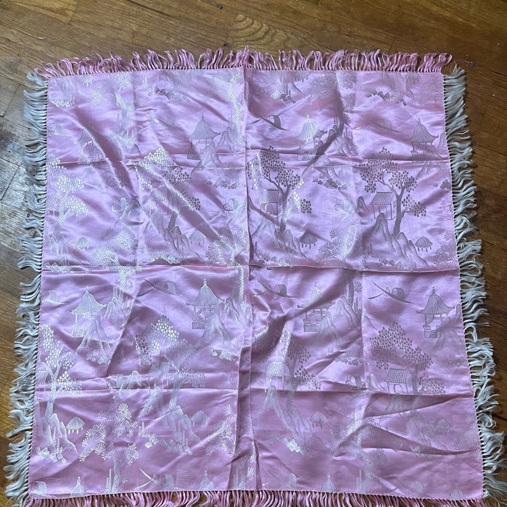 Vintage Pink Japanese Silk Jacquard Scarf with Fringe 24”